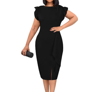 Elegant Office Clothing for Women Solid Sleeveless Round Neck Bodycon High Waisted Ruffles Formal Business Work Dress Midi Hot | 0 | TageUnlimited