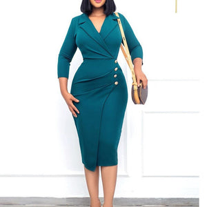 Elegant Office Dresses New Arrivals Full Sleeve Turn Down Collar High Waisted Bodycon Mid Calf Business Work Dress Clothes | 0 | TageUnlimited