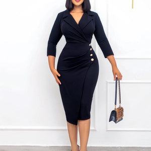Elegant Office Dresses New Arrivals Full Sleeve Turn Down Collar High Waisted Bodycon Mid Calf Business Work Dress Clothes | 0 | TageUnlimited