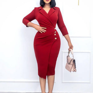 Elegant Office Dresses New Arrivals Full Sleeve Turn Down Collar High Waisted Bodycon Mid Calf Business Work Dress Clothes | 0 | TageUnlimited