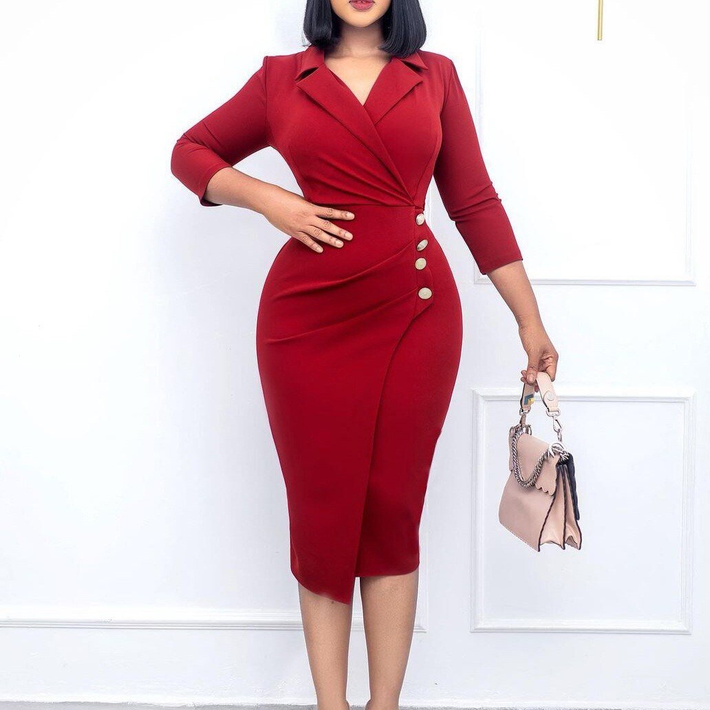 Elegant Office Dresses New Arrivals Full Sleeve Turn Down Collar High Waisted Bodycon Mid Calf Business Work Dress Clothes | 0 | TageUnlimited