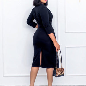 Elegant Office Dresses New Arrivals Full Sleeve Turn Down Collar High Waisted Bodycon Mid Calf Business Work Dress Clothes | 0 | TageUnlimited