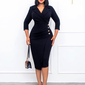 Elegant Office Dresses New Arrivals Full Sleeve Turn Down Collar High Waisted Bodycon Mid Calf Business Work Dress Clothes | 0 | TageUnlimited