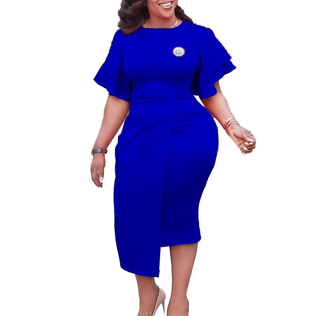 Elegant Office Dresses for Women Round Neck Flare Sleeve Bodycon High Waisted Mid Calf Fashion Formal Business Work Dress Cloth | 0 | TageUnlimited