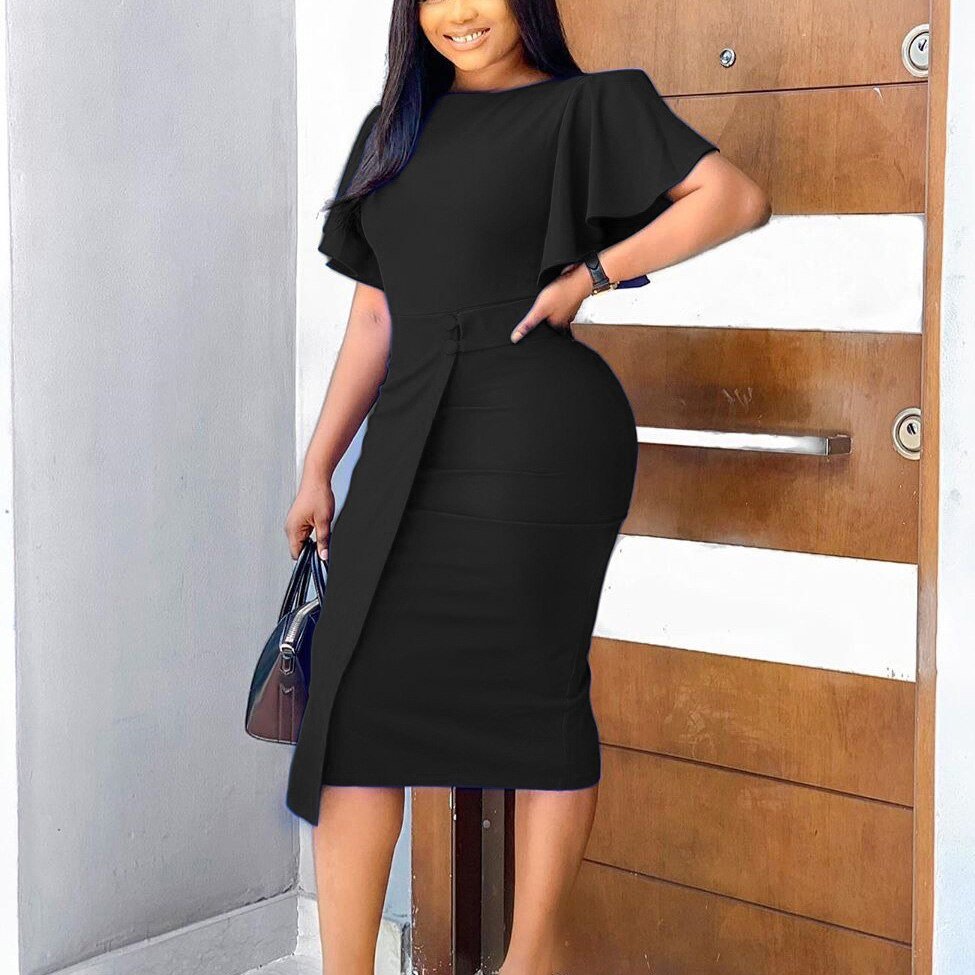 Elegant Office Dresses for Women Round Neck Flare Sleeve Bodycon High Waisted Mid Calf Fashion Formal Business Work Dress Cloth | 0 | TageUnlimited
