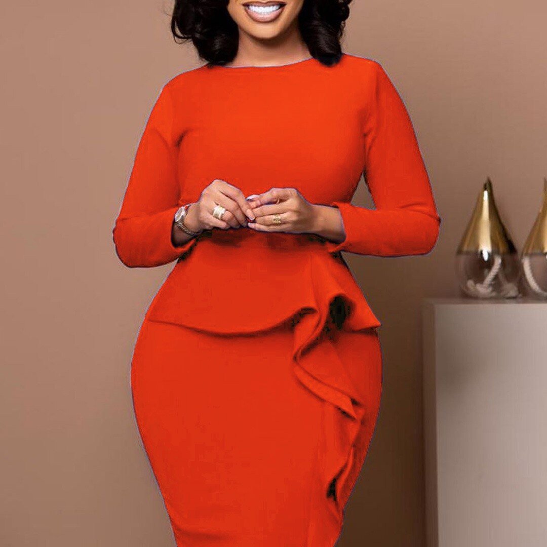 Elegant Office Dresses for Women Round Neck Full Sleeve Bodycon High Waisted Solid Mid Calf Formal Business Work Dress Midi Hot | 0 | TageUnlimited