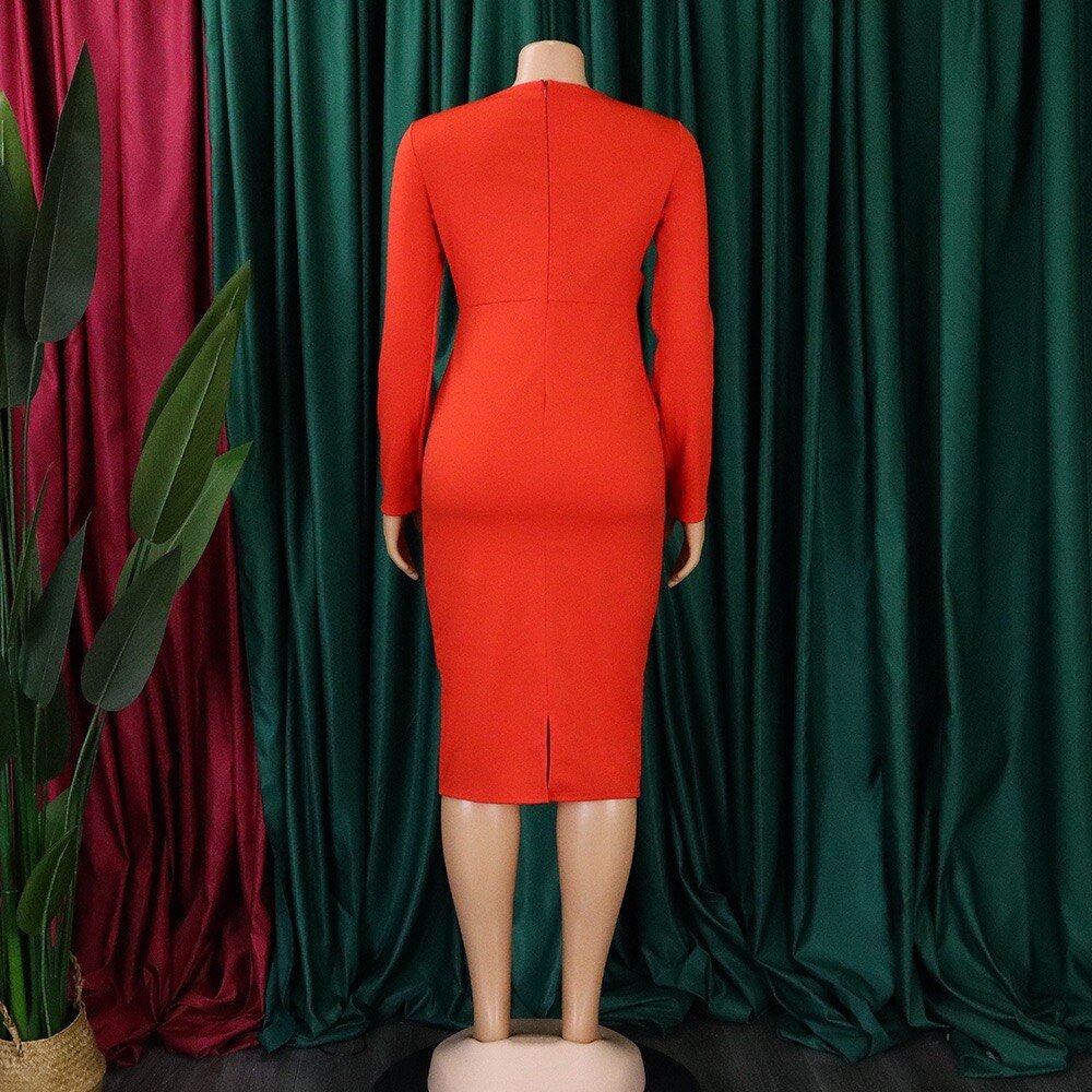 Elegant Office Dresses for Women Round Neck Full Sleeve Bodycon High Waisted Solid Mid Calf Formal Business Work Dress Midi Hot | 0 | TageUnlimited