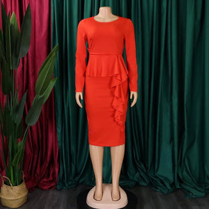 Elegant Office Dresses for Women Round Neck Full Sleeve Bodycon High Waisted Solid Mid Calf Formal Business Work Dress Midi Hot | 0 | TageUnlimited