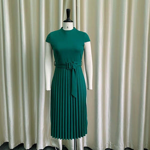 Elegant Office Ladies Dresses Female Solid Short Sleeve High Waisted Pleated Fashion Formal Business Work Wear Dress Midi Hot | 0 | TageUnlimited