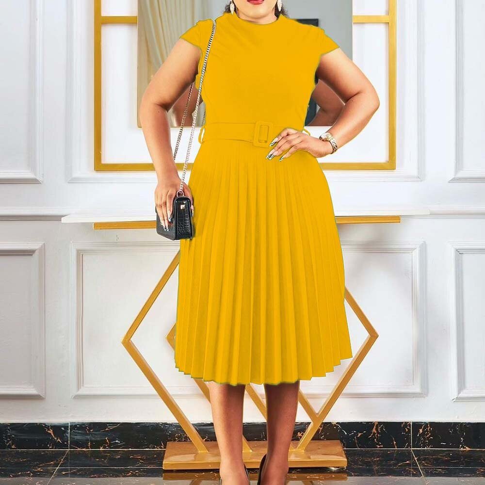 Elegant Office Ladies Dresses Female Solid Short Sleeve High Waisted Pleated Fashion Formal Business Work Wear Dress Midi Hot | 0 | TageUnlimited