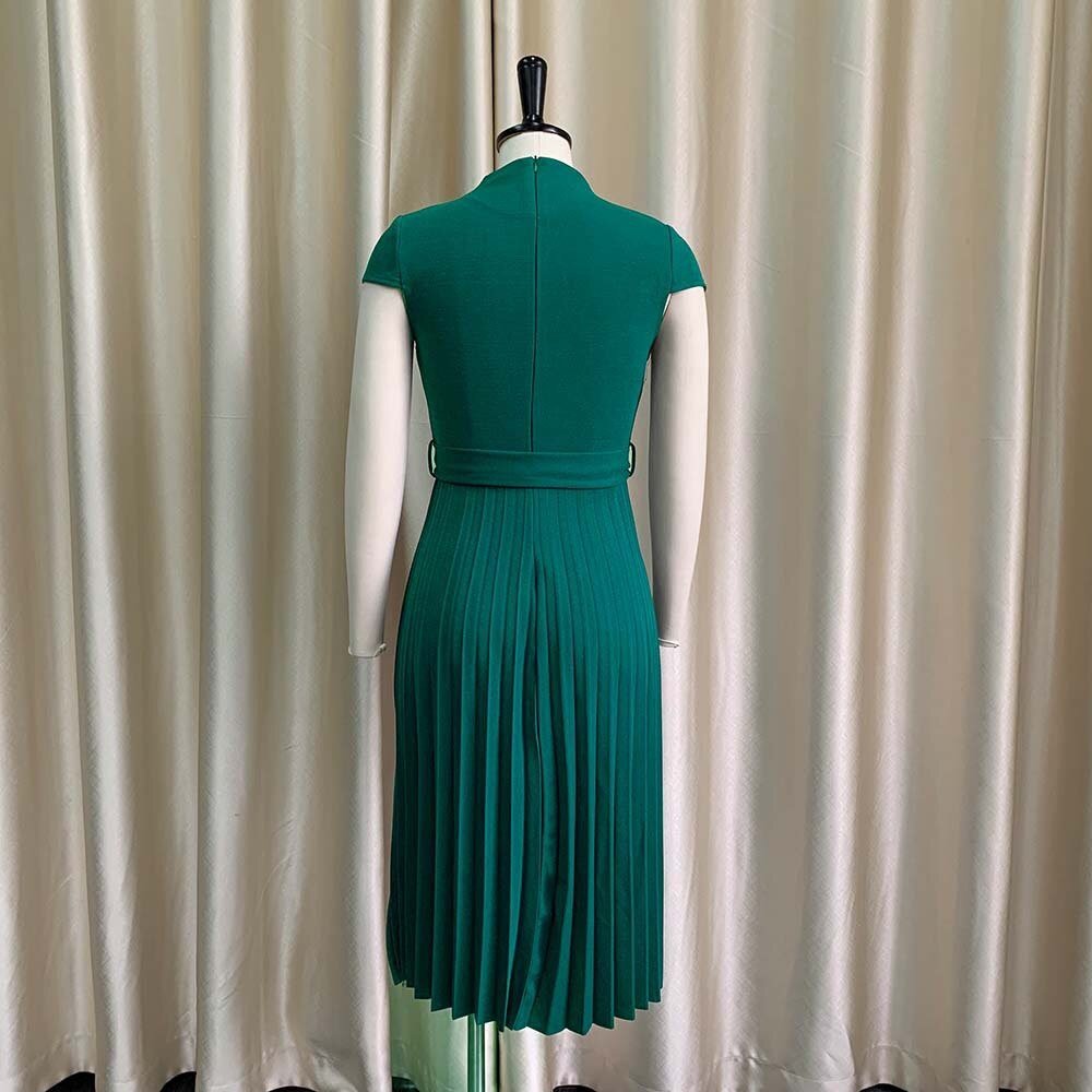 Elegant Office Ladies Dresses Female Solid Short Sleeve High Waisted Pleated Fashion Formal Business Work Wear Dress Midi Hot | 0 | TageUnlimited
