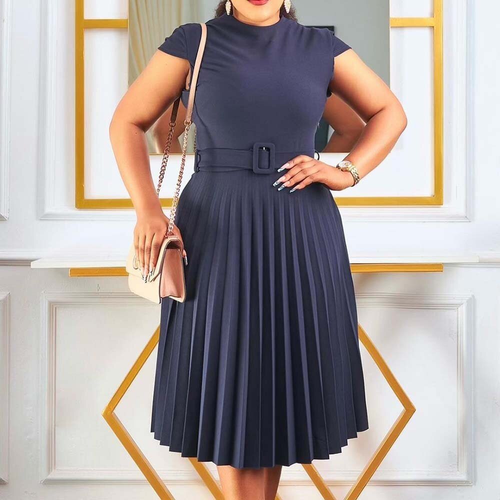 Elegant Office Ladies Dresses Female Solid Short Sleeve High Waisted Pleated Fashion Formal Business Work Wear Dress Midi Hot | 0 | TageUnlimited