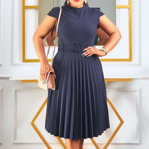 Elegant Office Ladies Dresses Female Solid Short Sleeve High Waisted Pleated Fashion Formal Business Work Wear Dress Midi Hot | 0 | TageUnlimited