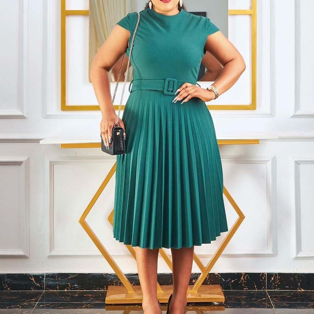 Elegant Office Ladies Dresses Female Solid Short Sleeve High Waisted Pleated Fashion Formal Business Work Wear Dress Midi Hot | 0 | TageUnlimited