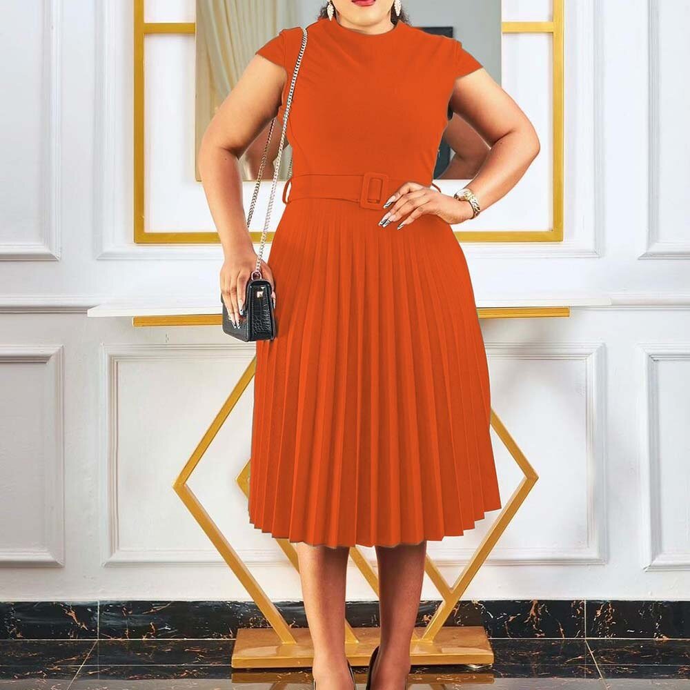 Elegant Office Ladies Dresses Female Solid Short Sleeve High Waisted Pleated Fashion Formal Business Work Wear Dress Midi Hot | 0 | TageUnlimited