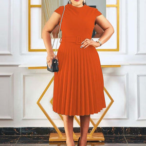 Elegant Office Ladies Dresses Female Solid Short Sleeve High Waisted Pleated Fashion Formal Business Work Wear Dress Midi Hot | 0 | TageUnlimited