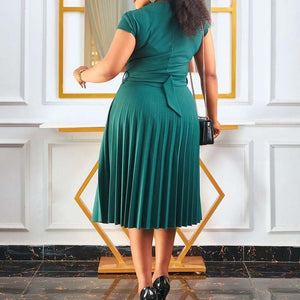 Elegant Office Ladies Dresses Female Solid Short Sleeve High Waisted Pleated Fashion Formal Business Work Wear Dress Midi Hot | 0 | TageUnlimited
