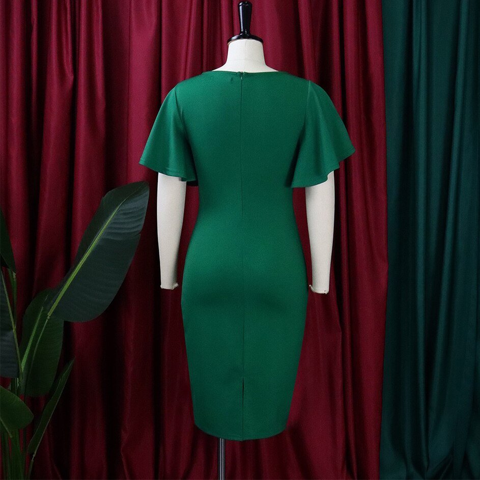 Elegant Office Ladies Dresses for Women Round Neck Flare Sleeve High Waisted Bodycon Mid Calf Formal Business Work Dress Midi OL | 0 | TageUnlimited