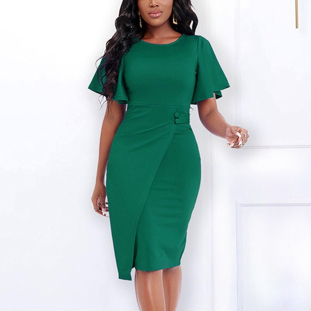 Elegant Office Ladies Dresses for Women Round Neck Flare Sleeve High Waisted Bodycon Mid Calf Formal Business Work Dress Midi OL | 0 | TageUnlimited