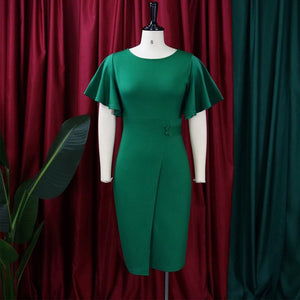 Elegant Office Ladies Dresses for Women Round Neck Flare Sleeve High Waisted Bodycon Mid Calf Formal Business Work Dress Midi OL | 0 | TageUnlimited