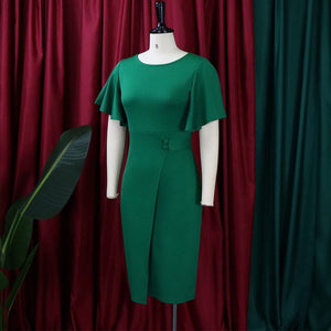 Elegant Office Ladies Dresses for Women Round Neck Flare Sleeve High Waisted Bodycon Mid Calf Formal Business Work Dress Midi OL | 0 | TageUnlimited