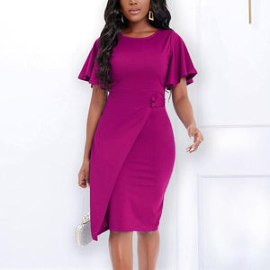 Elegant Office Ladies Dresses for Women Round Neck Flare Sleeve High Waisted Bodycon Mid Calf Formal Business Work Dress Midi OL | 0 | TageUnlimited