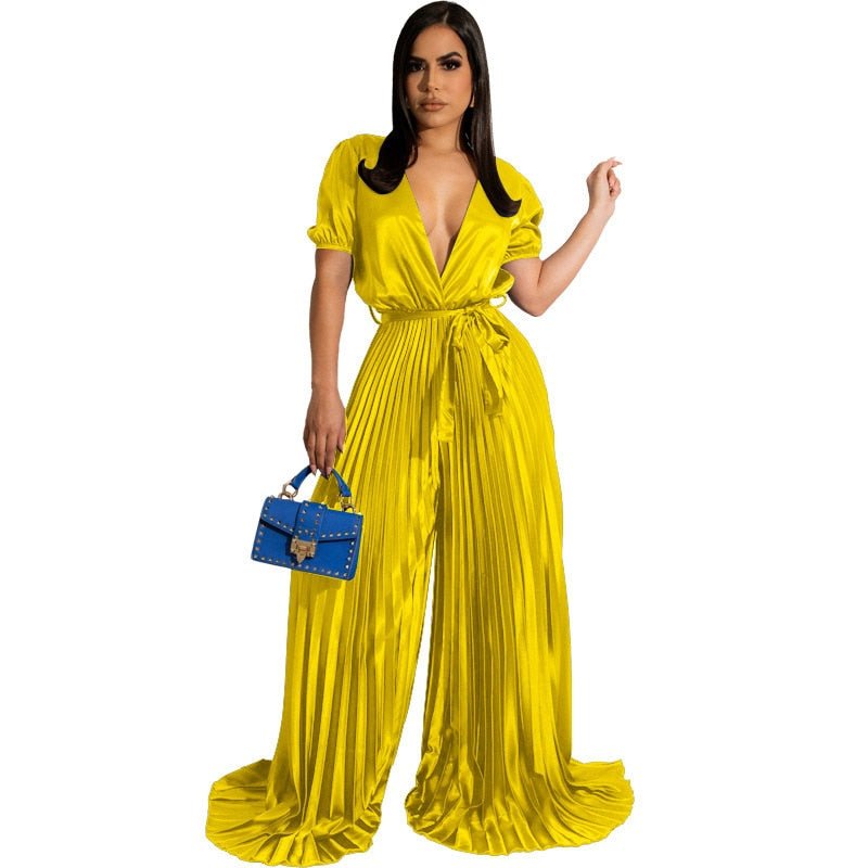 Elegant Satin Jumpsuit Women Sexy V-Neck Short Sleeve Tie Pleated Bodysuit  New Fashion Emale High Waist Wide Leg Jumpsuit | TageUnlimited