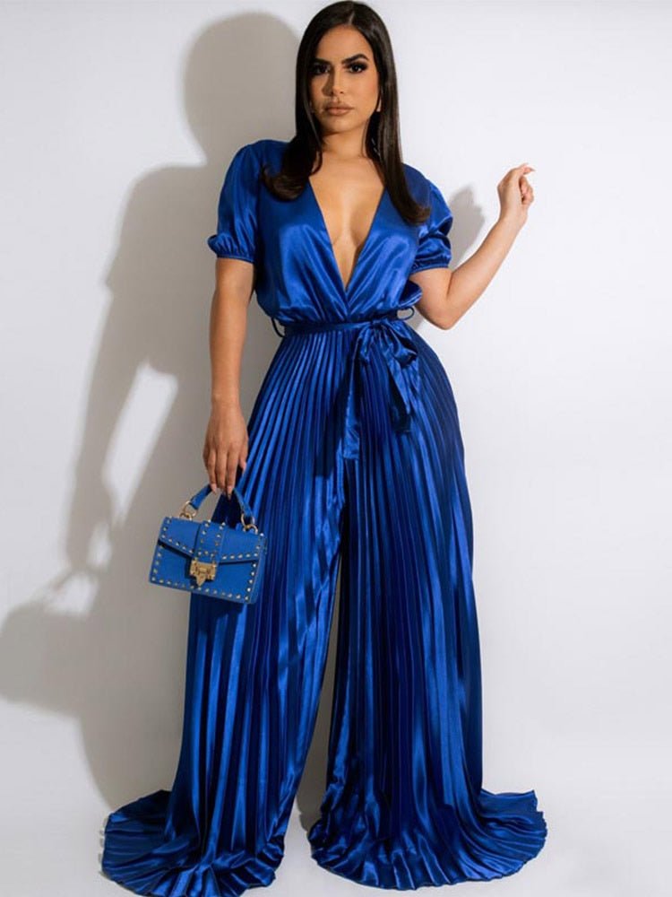 Elegant Satin Jumpsuit Women Sexy V-Neck Short Sleeve Tie Pleated Bodysuit  New Fashion Emale High Waist Wide Leg Jumpsuit | TageUnlimited