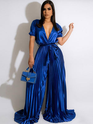 Elegant Satin Jumpsuit Women Sexy V-Neck Short Sleeve Tie Pleated Bodysuit  New Fashion Emale High Waist Wide Leg Jumpsuit | TageUnlimited