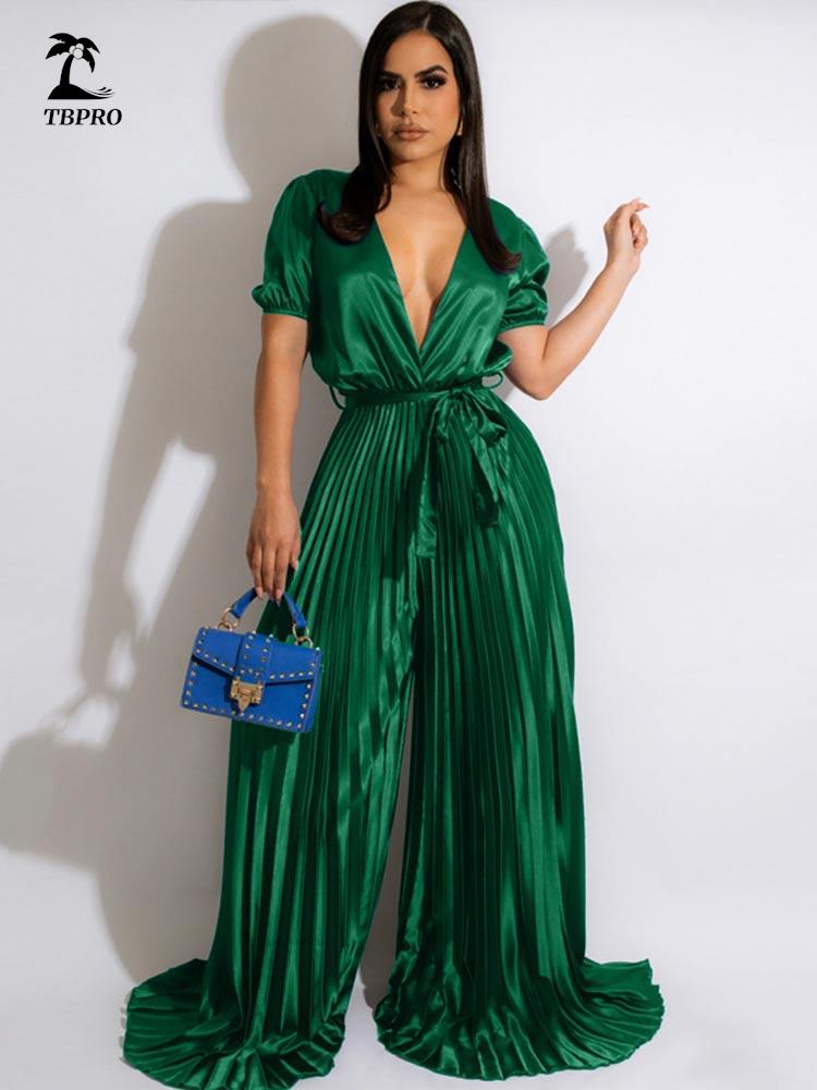 Elegant Satin Jumpsuit Women Sexy V-Neck Short Sleeve Tie Pleated Bodysuit  New Fashion Emale High Waist Wide Leg Jumpsuit | TageUnlimited