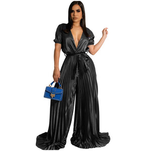 Elegant Satin Jumpsuit Women Sexy V-Neck Short Sleeve Tie Pleated Bodysuit  New Fashion Emale High Waist Wide Leg Jumpsuit | TageUnlimited