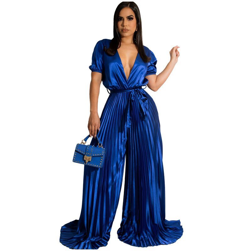 Elegant Satin Jumpsuit Women Sexy V-Neck Short Sleeve Tie Pleated Bodysuit  New Fashion Emale High Waist Wide Leg Jumpsuit | TageUnlimited