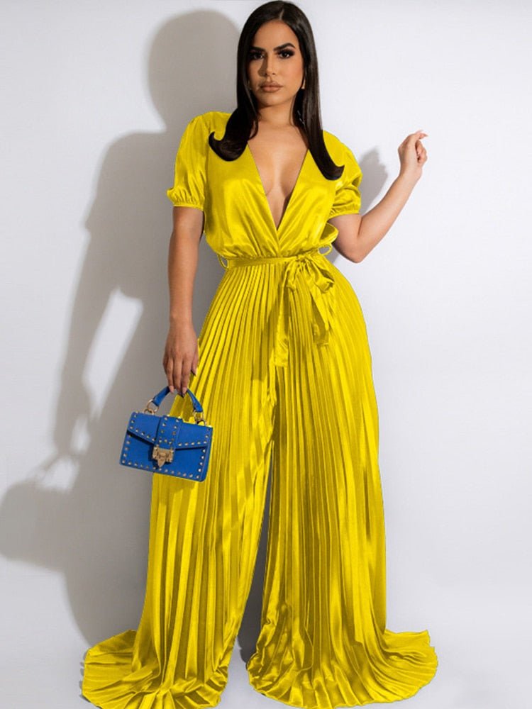 Elegant Satin Jumpsuit Women Sexy V-Neck Short Sleeve Tie Pleated Bodysuit  New Fashion Emale High Waist Wide Leg Jumpsuit | TageUnlimited