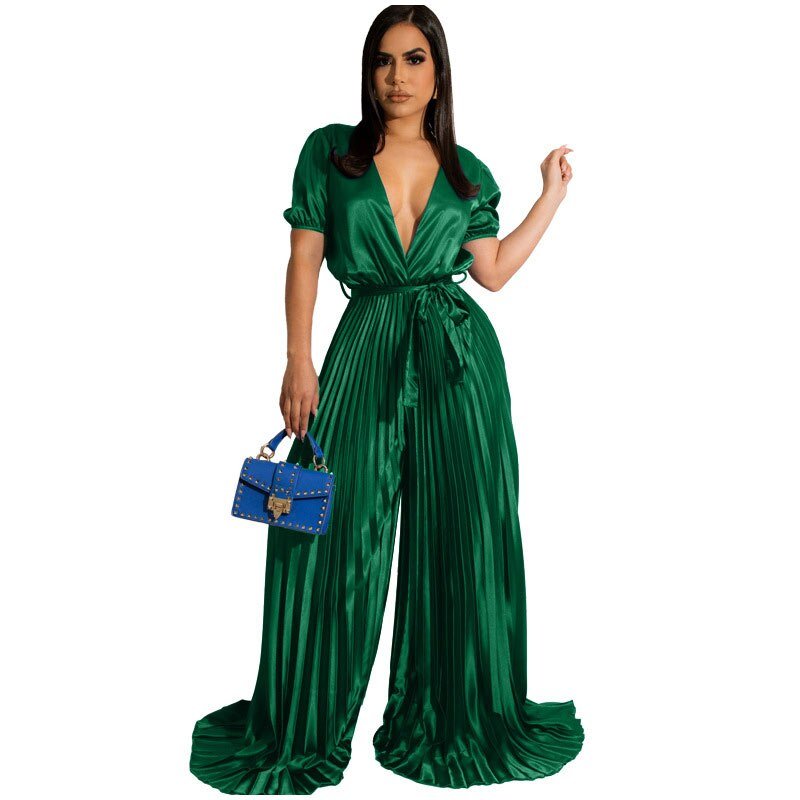 Elegant Satin Jumpsuit Women Sexy V-Neck Short Sleeve Tie Pleated Bodysuit  New Fashion Emale High Waist Wide Leg Jumpsuit | TageUnlimited