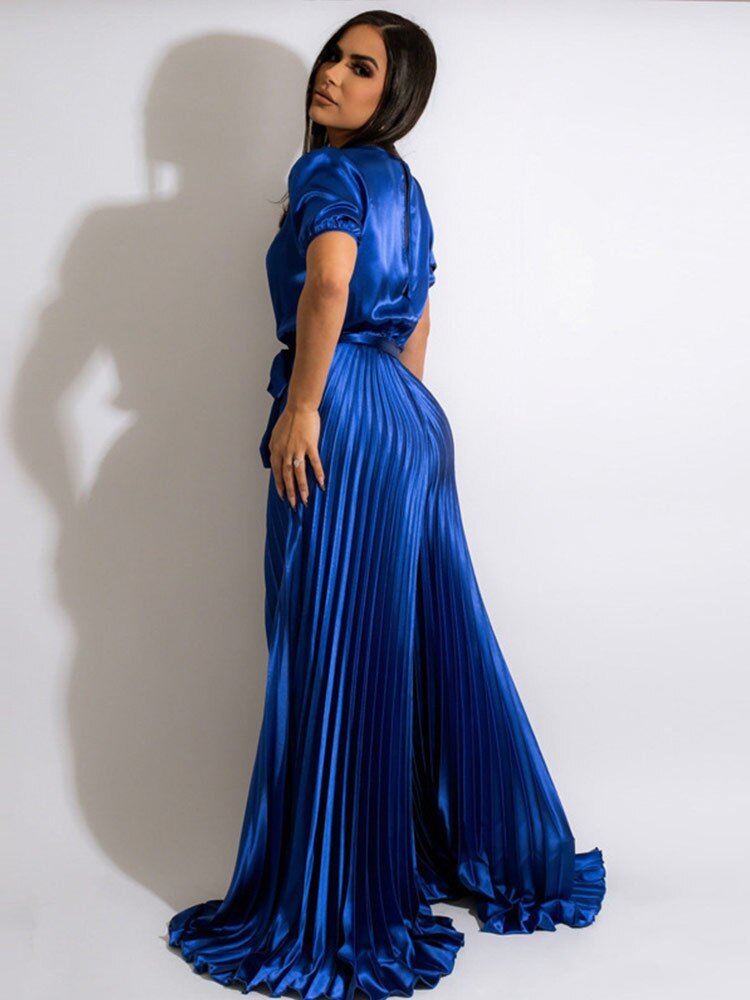 Elegant Satin Jumpsuit Women Sexy V-Neck Short Sleeve Tie Pleated Bodysuit  New Fashion Emale High Waist Wide Leg Jumpsuit | TageUnlimited