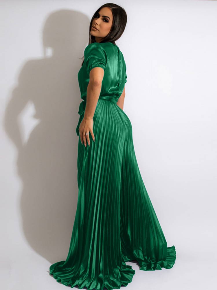 Elegant Satin Jumpsuit Women Sexy V-Neck Short Sleeve Tie Pleated Bodysuit  New Fashion Emale High Waist Wide Leg Jumpsuit | TageUnlimited