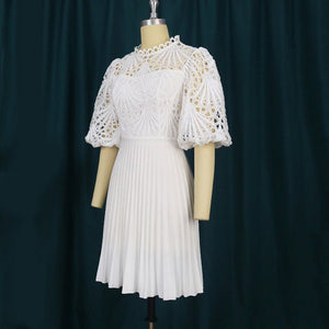 Elegant White Pleated Dresses for Women Lace High Waisted Hollow Out Half Sleeve Mid Calf Luxury Office Ladies Formal Work Dress | 0 | TageUnlimited