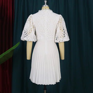 Elegant White Pleated Dresses for Women Lace High Waisted Hollow Out Half Sleeve Mid Calf Luxury Office Ladies Formal Work Dress | 0 | TageUnlimited