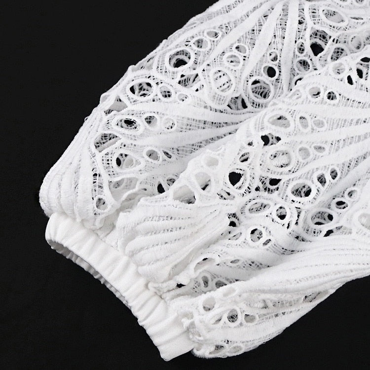 Elegant White Pleated Dresses for Women Lace High Waisted Hollow Out Half Sleeve Mid Calf Luxury Office Ladies Formal Work Dress | 0 | TageUnlimited