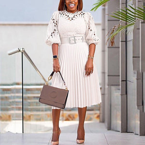 Elegant White Pleated Dresses for Women Lace High Waisted Hollow Out Half Sleeve Mid Calf Luxury Office Ladies Formal Work Dress | 0 | TageUnlimited