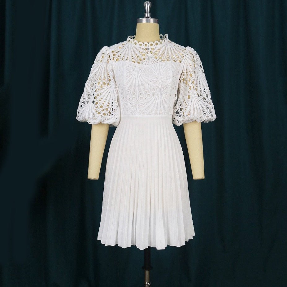 Elegant White Pleated Dresses for Women Lace High Waisted Hollow Out Half Sleeve Mid Calf Luxury Office Ladies Formal Work Dress | 0 | TageUnlimited