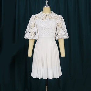 Elegant White Pleated Dresses for Women Lace High Waisted Hollow Out Half Sleeve Mid Calf Luxury Office Ladies Formal Work Dress | 0 | TageUnlimited