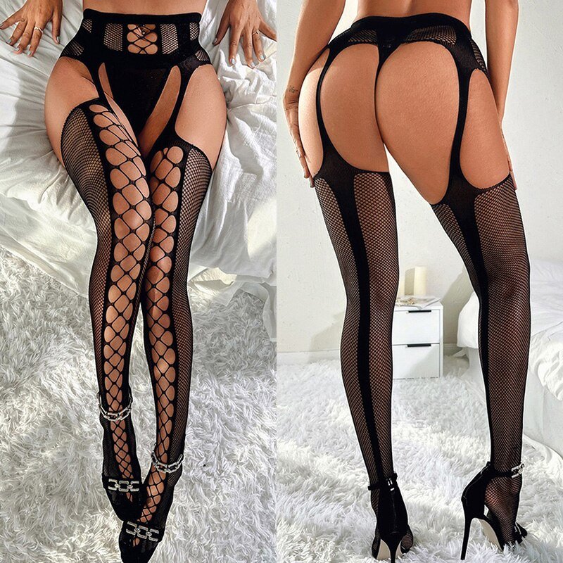 Erotic Crotchless Lingerie Women Black Stockings With Belt Set High Fishnet Sexy Tights Floral Print Pantyhose Mesh Long Tights | TageUnlimited
