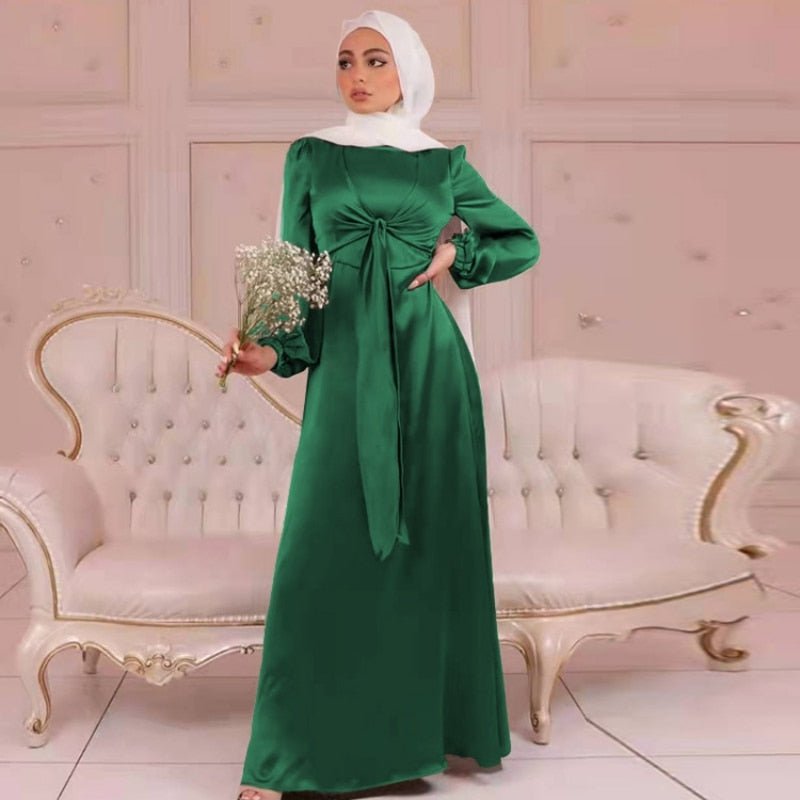 ETOSELL Muslim Women Satin Abaya Long Sleeve Wrap Front Maxi Dress Middle East Islamic Long Gown Muslim Kaftan Abaya Maxi Dress | TageUnlimited