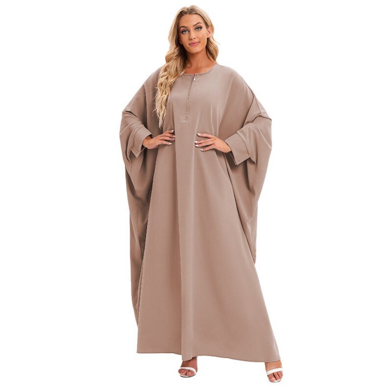 ETOSELL Women Batwing Sleeve Muslim Abaya Front Zipper Loose Fit Kaftan Maxi Dress Long Sleeve Oversized Muslim Dress | TageUnlimited