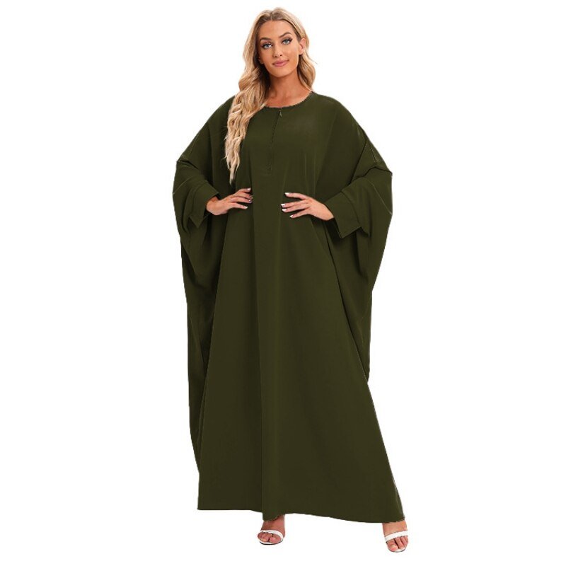 ETOSELL Women Batwing Sleeve Muslim Abaya Front Zipper Loose Fit Kaftan Maxi Dress Long Sleeve Oversized Muslim Dress | TageUnlimited