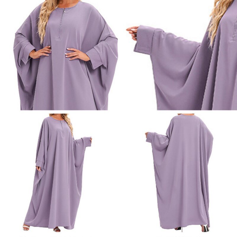 ETOSELL Women Batwing Sleeve Muslim Abaya Front Zipper Loose Fit Kaftan Maxi Dress Long Sleeve Oversized Muslim Dress | TageUnlimited