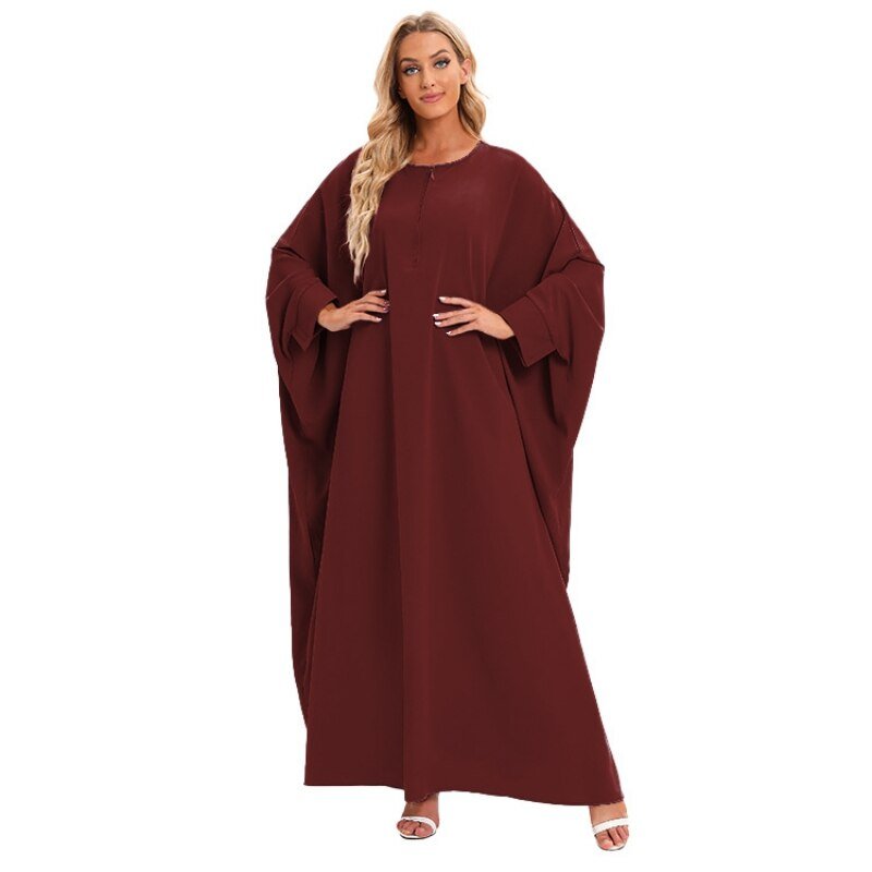 ETOSELL Women Batwing Sleeve Muslim Abaya Front Zipper Loose Fit Kaftan Maxi Dress Long Sleeve Oversized Muslim Dress | TageUnlimited