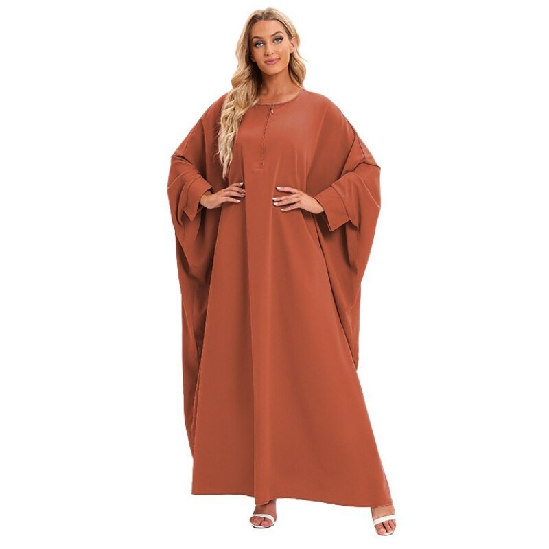 ETOSELL Women Batwing Sleeve Muslim Abaya Front Zipper Loose Fit Kaftan Maxi Dress Long Sleeve Oversized Muslim Dress | TageUnlimited