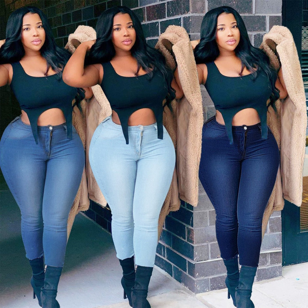 European / American Women Solid Color Fashion Denim Pants with Buttons Zipper Placket Plus Size Casual Office Lady Denim Pants | 0 | TageUnlimited